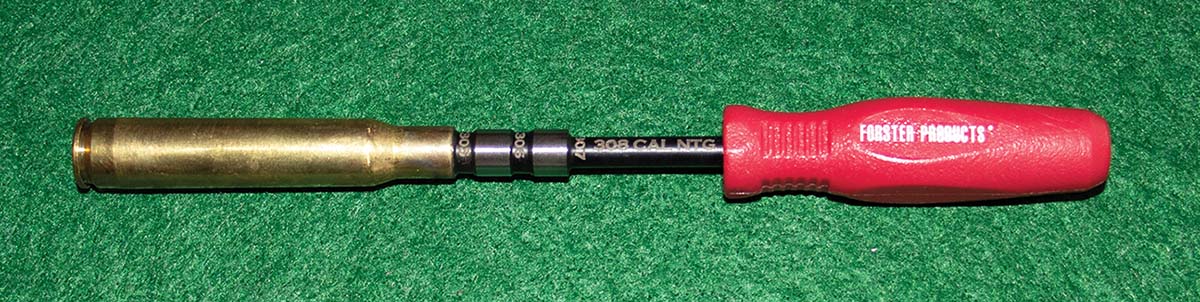 Cartridge case neck tension measurement setup for brass case with .305-inch ID case neck.